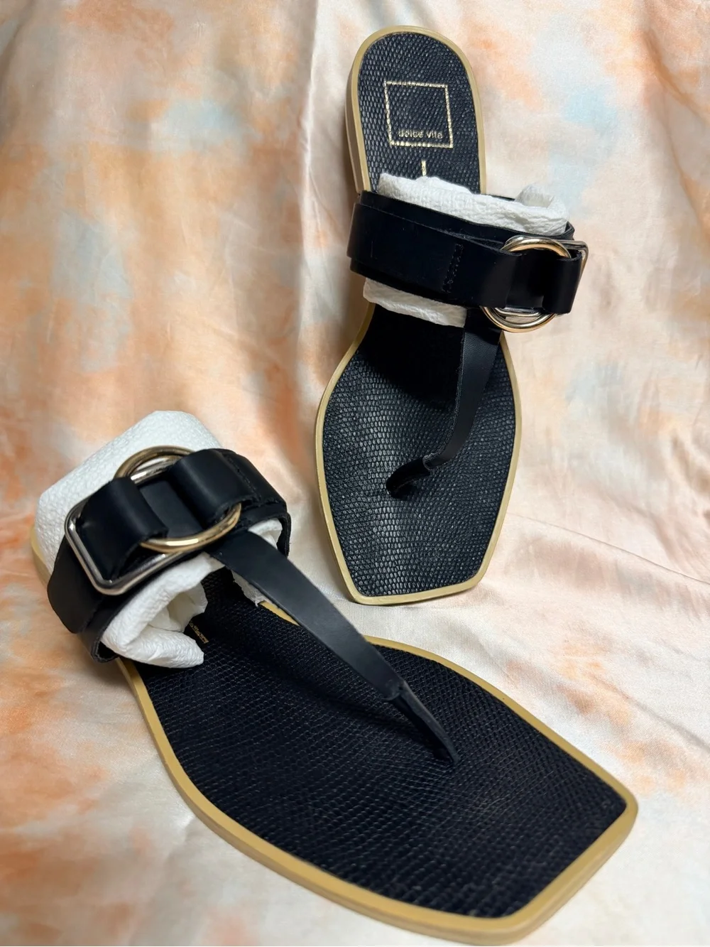 Dolce Vita Black Thong Sandals with Gold Buckle